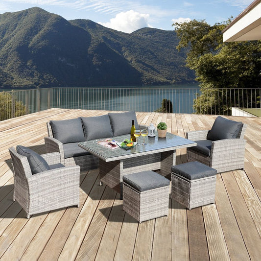 Outdoor 6Pcs Rattan Dining Set, Sofa, Table, Footstool, with Cushions, Garden Furniture