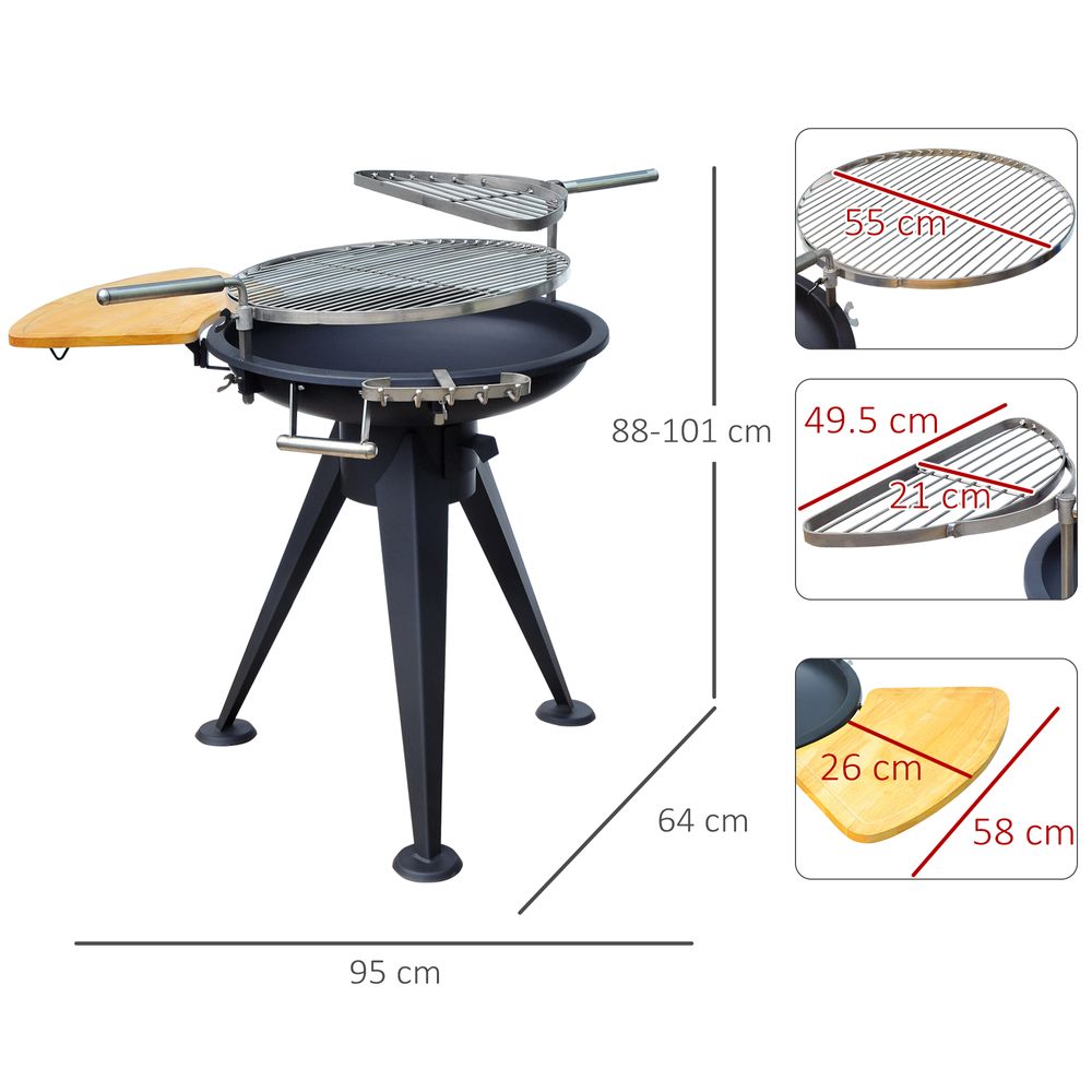 Round Fire Pit, BBQ, Wood Burning Grill, With Cutting Board - Black