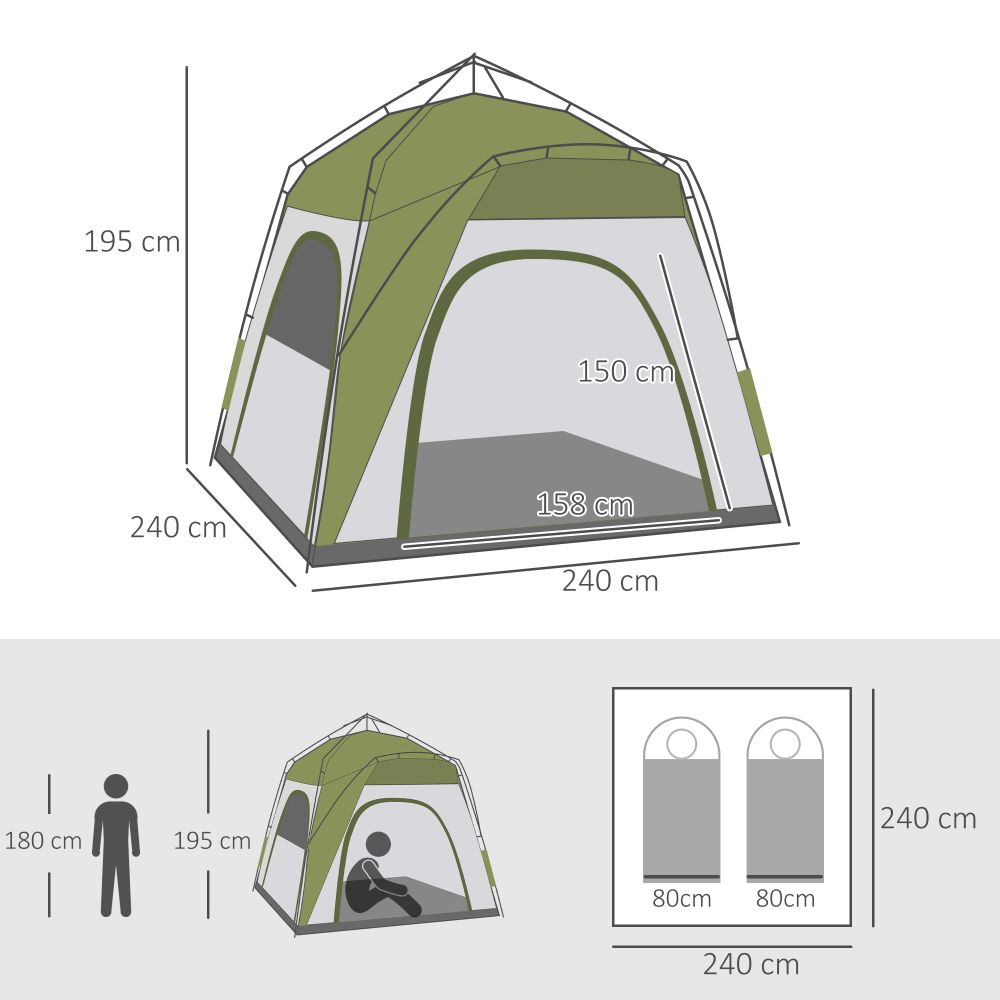 Four Person Automatic Pop Up Tent, Dome Shelter - Green