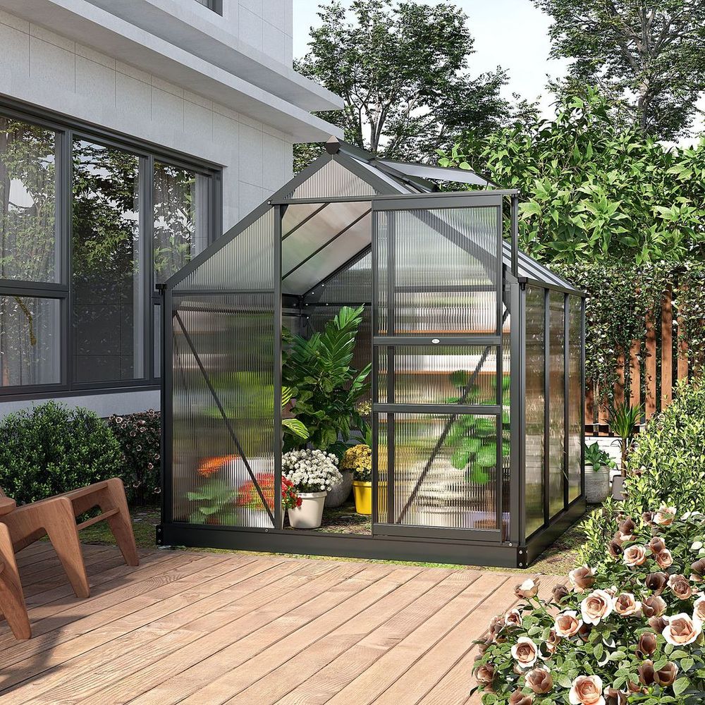 Polycarbonate Walk-In Garden Greenhouse Aluminium Frame with Slide Door 6 x 6ft