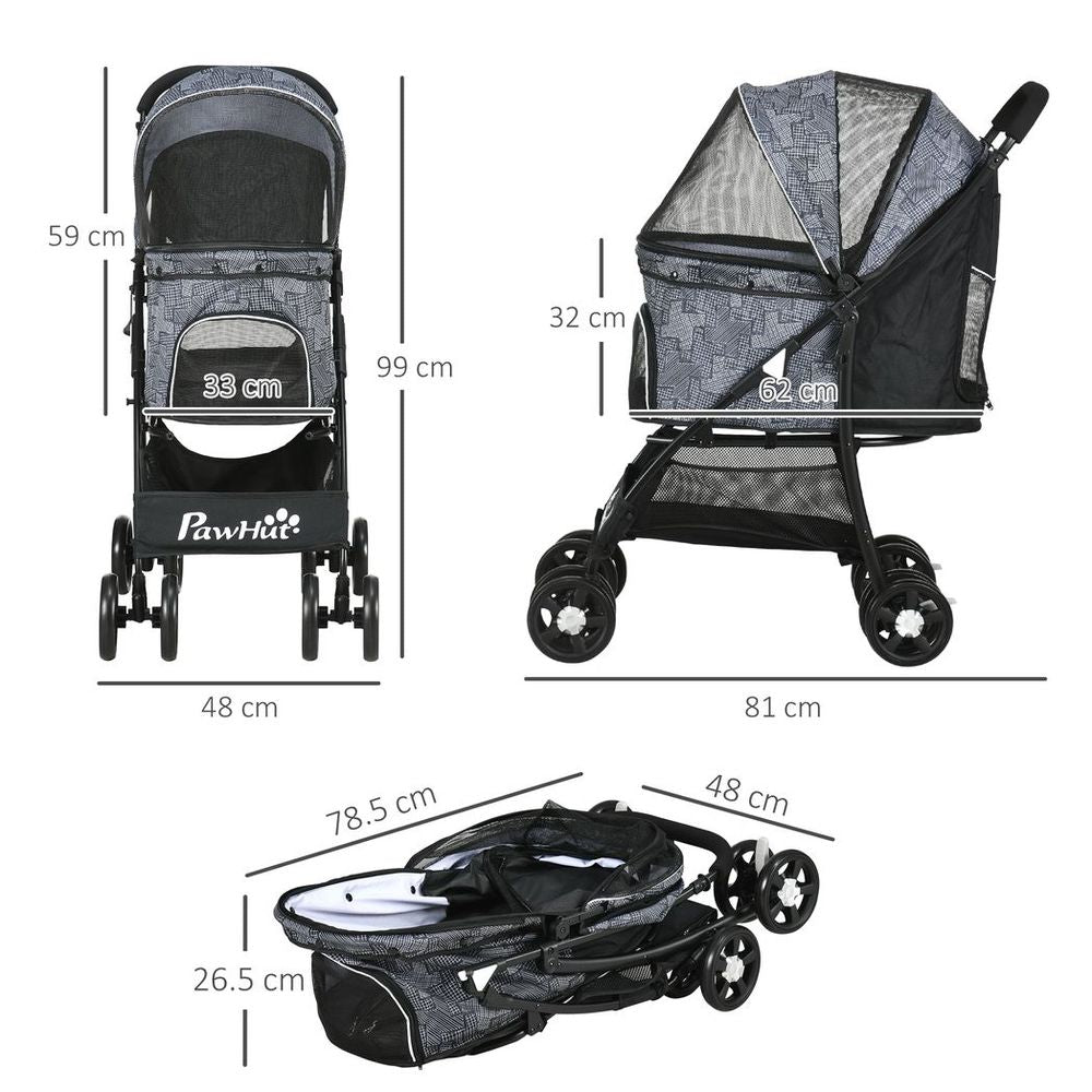 PawHut Foldable Dog Stroller with Large Carriage, Universal Wheels, Brakes - Grey
