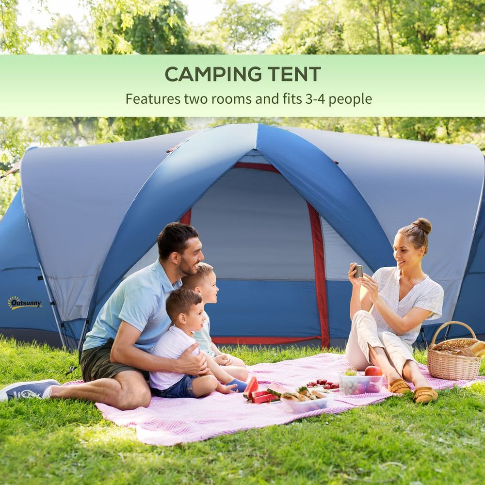 3-4 Persons Camping Tent with 2 Rooms, UV Protection, Water-Resistant