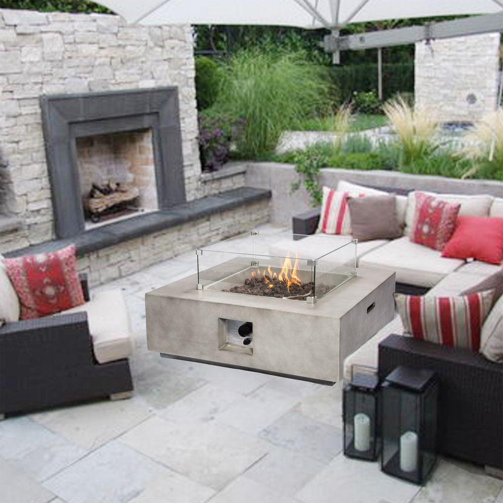 Outdoor Grey Concrete Square Gas Fire Pit Table, Garden Smokeless Firepit, Patio Heater