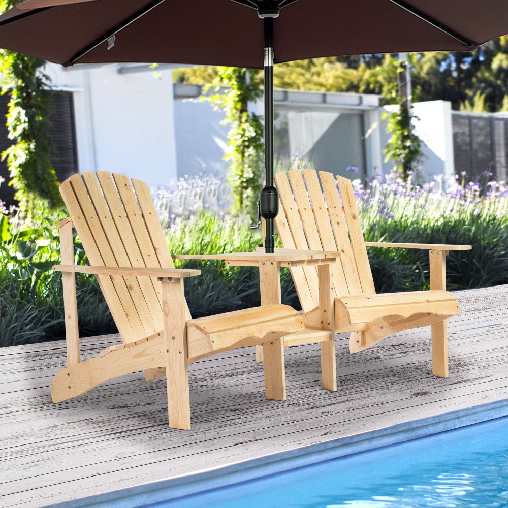 Outsunny Wooden Outdoor Double Adirondack Chair With Centre Table & Umbrella Hole - Brown