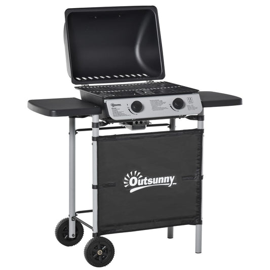 Propane Gas Barbecue Grill, 2 Burner Cooking With Side Shelves - Black