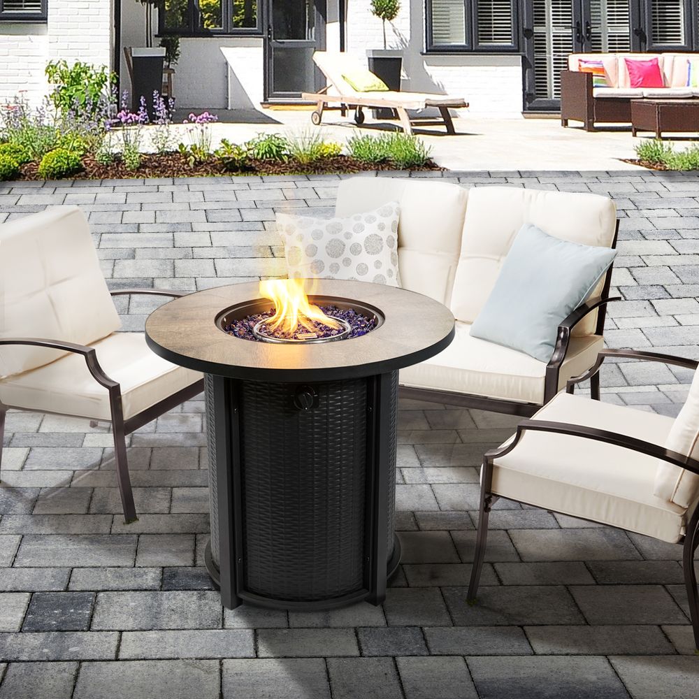 Outdoor Garden Round Gas Fire Pit Table Heater, Lava Rocks & Cover