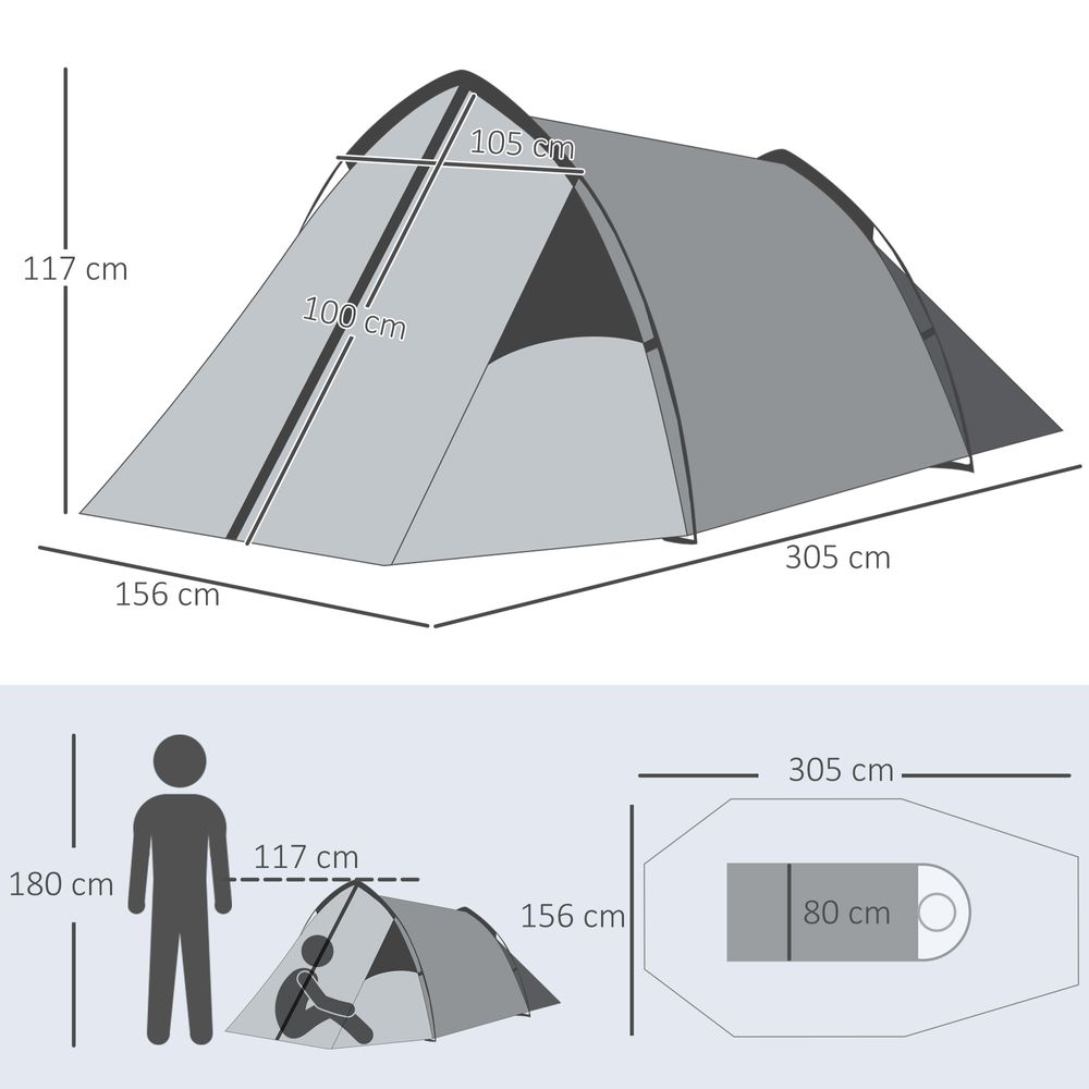 1-2 Person Camping Dome Tent with Porch - Grey