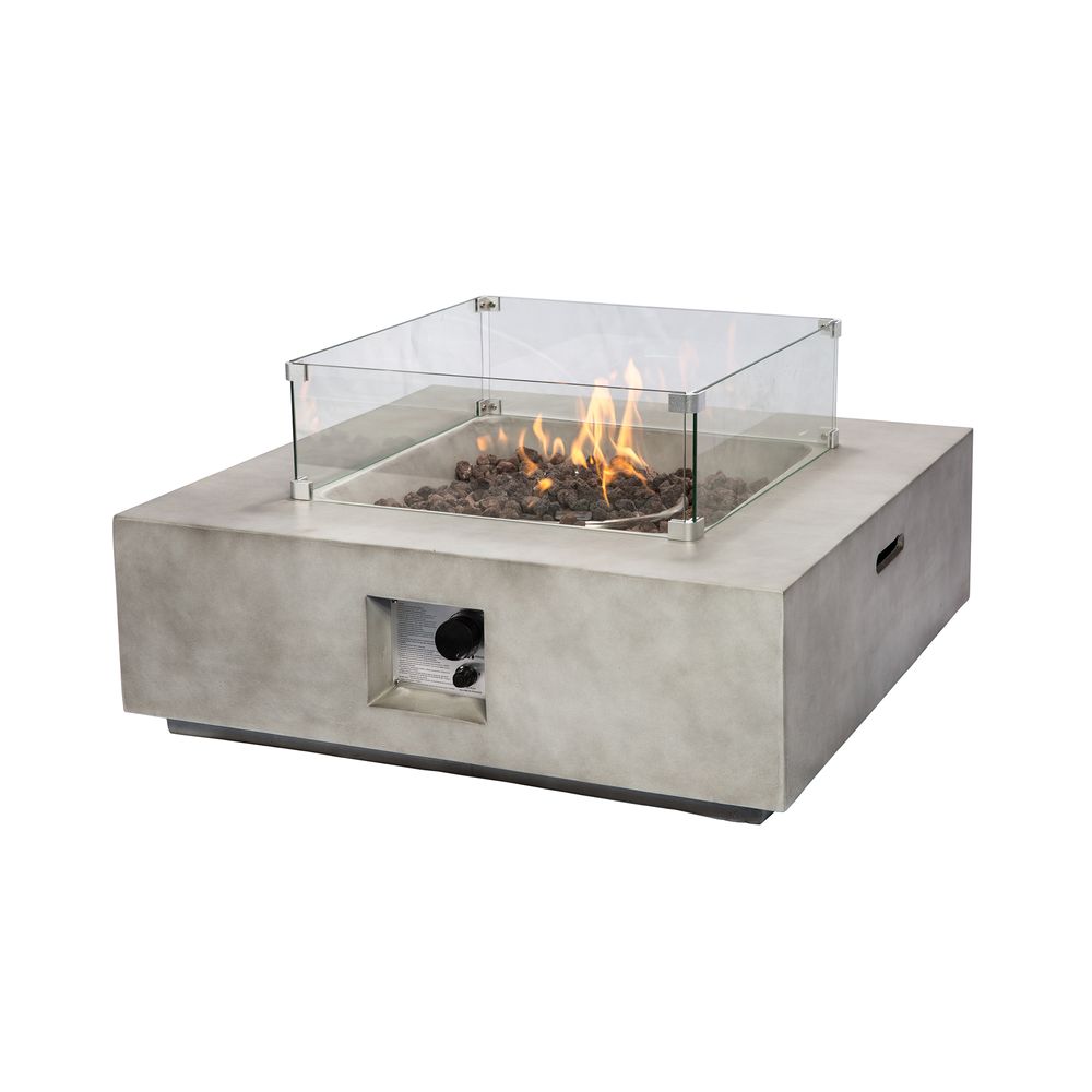 Outdoor Grey Concrete Square Gas Fire Pit Table, Garden Smokeless Firepit, Patio Heater