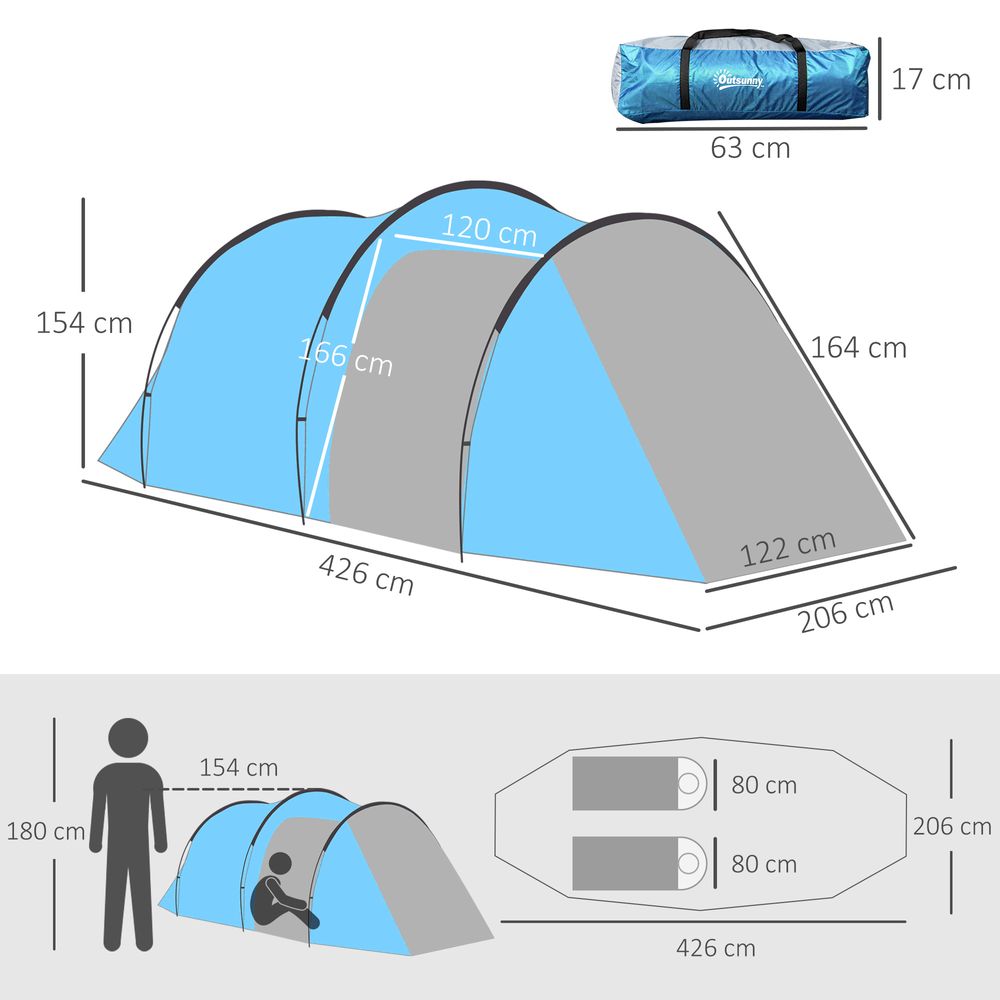 3 Man Camping Tent with 2 Rooms, Porch, Vents, Rainfly, Weather-Resistant Outsunny