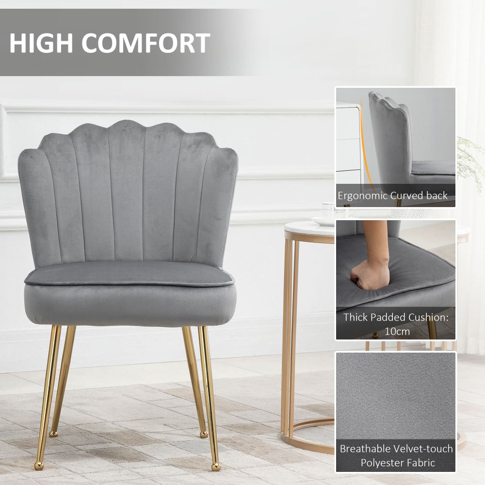 Velvet-Feel Shell Luxe Accent Chair Home Bedroom Lounge Metal Legs Grey
