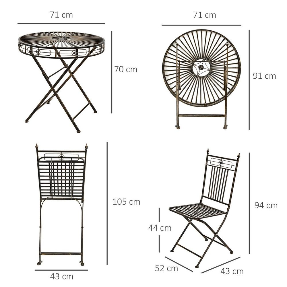 3PCs Garden Bistro Set with 2 Folding Chair and 1 Table, Bronze