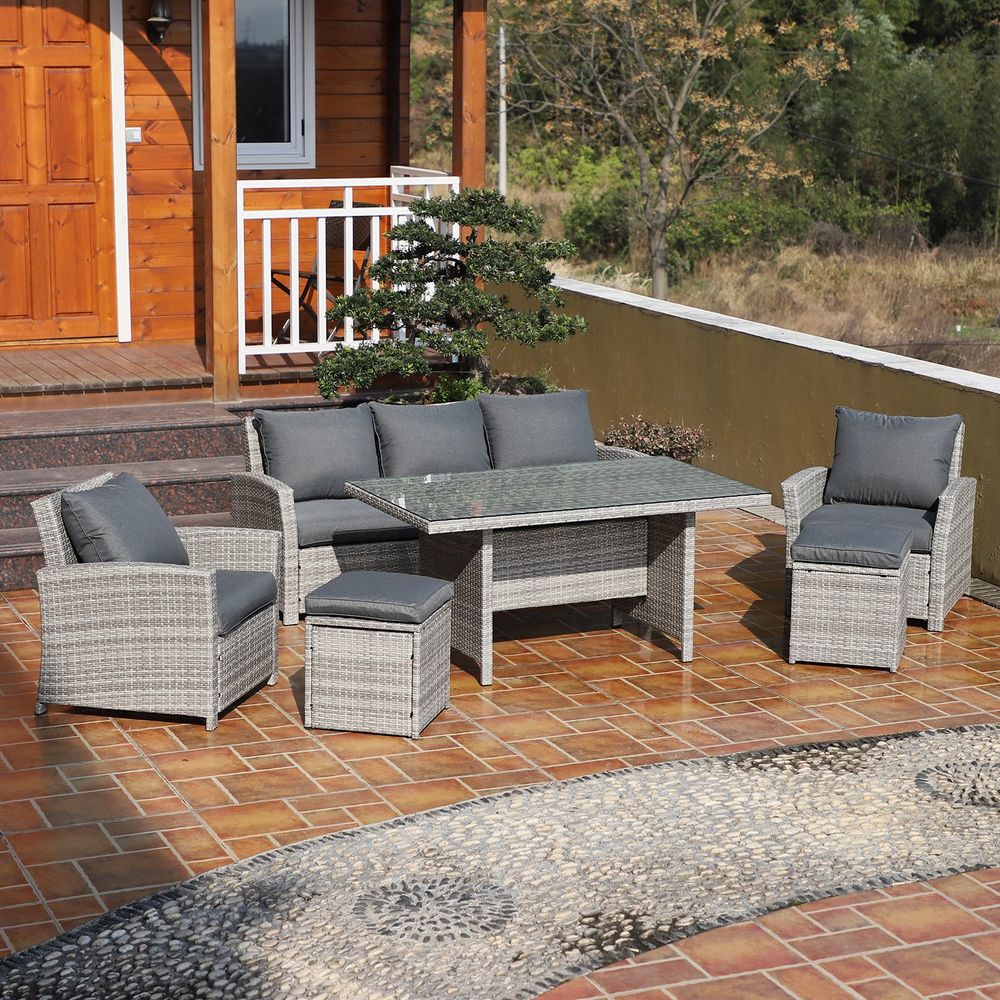 Outdoor 6Pcs Rattan Dining Set, Sofa, Table, Footstool, with Cushions, Garden Furniture