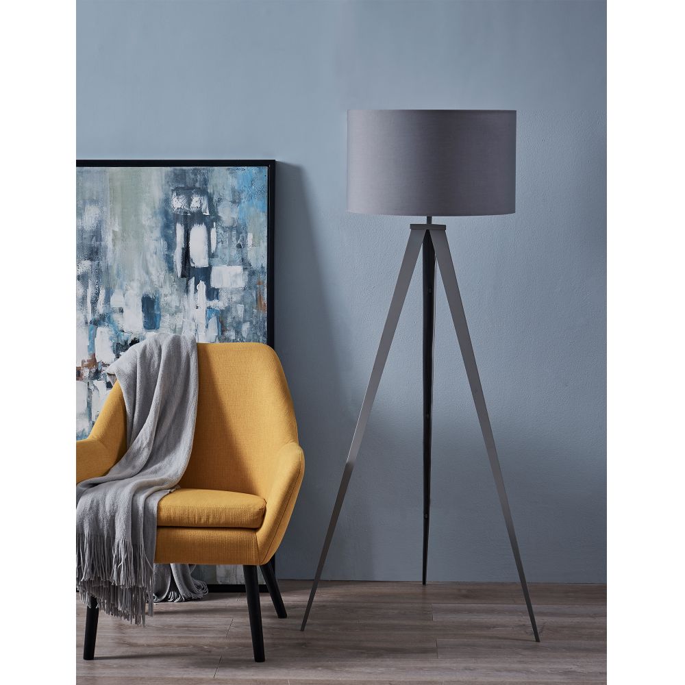 Romanza Tripod Standing Floor Lamp & Shade, Modern Lighting, Grey
