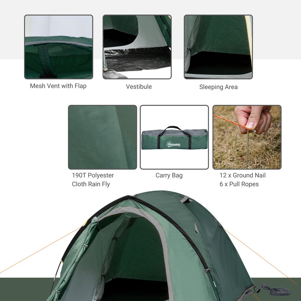 Compact Camping Tent with Vestibule & Mesh Vents for Hiking, Green, Outsunny