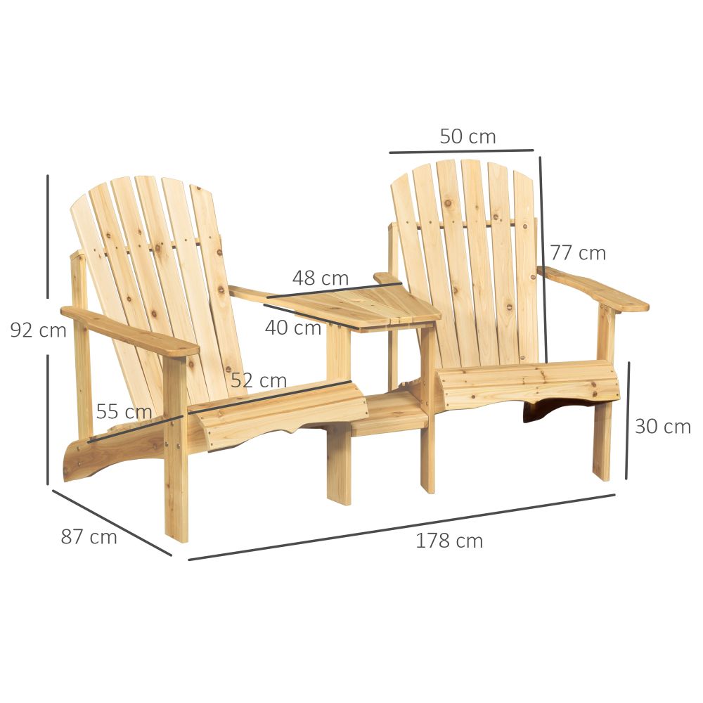 Outsunny Wooden Outdoor Double Adirondack Chair With Centre Table & Umbrella Hole - Brown