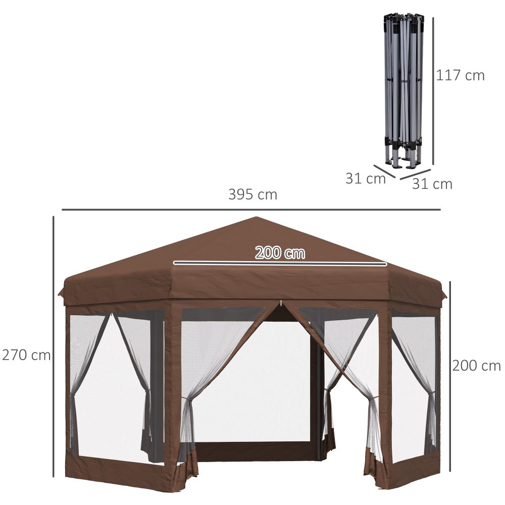 Hexagonal Garden Gazebo Shelter, Adjustable with Mosquito Net - Brown