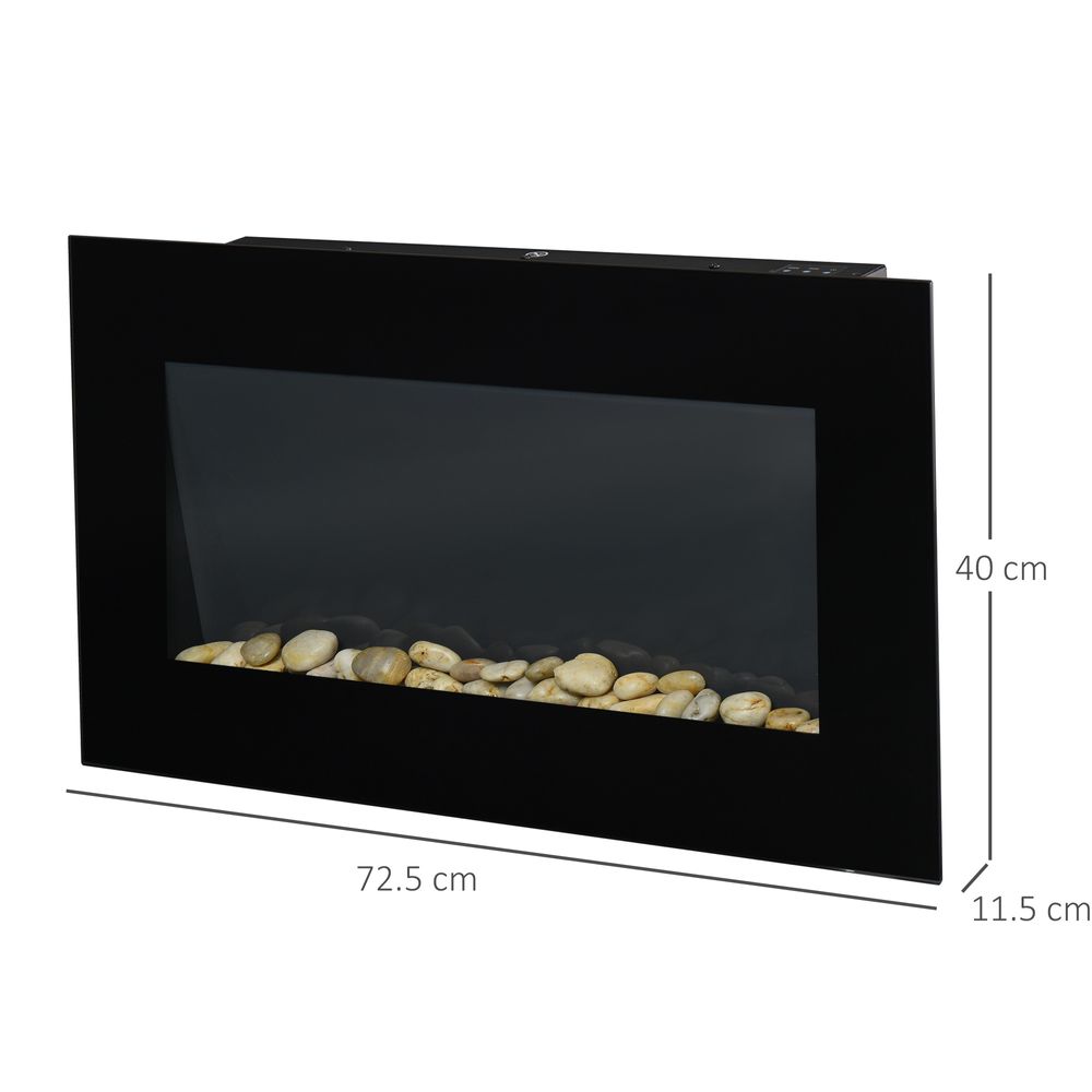 1000W Wall Mounted, Tempered Glass, Electric Fireplace, Heater, Black