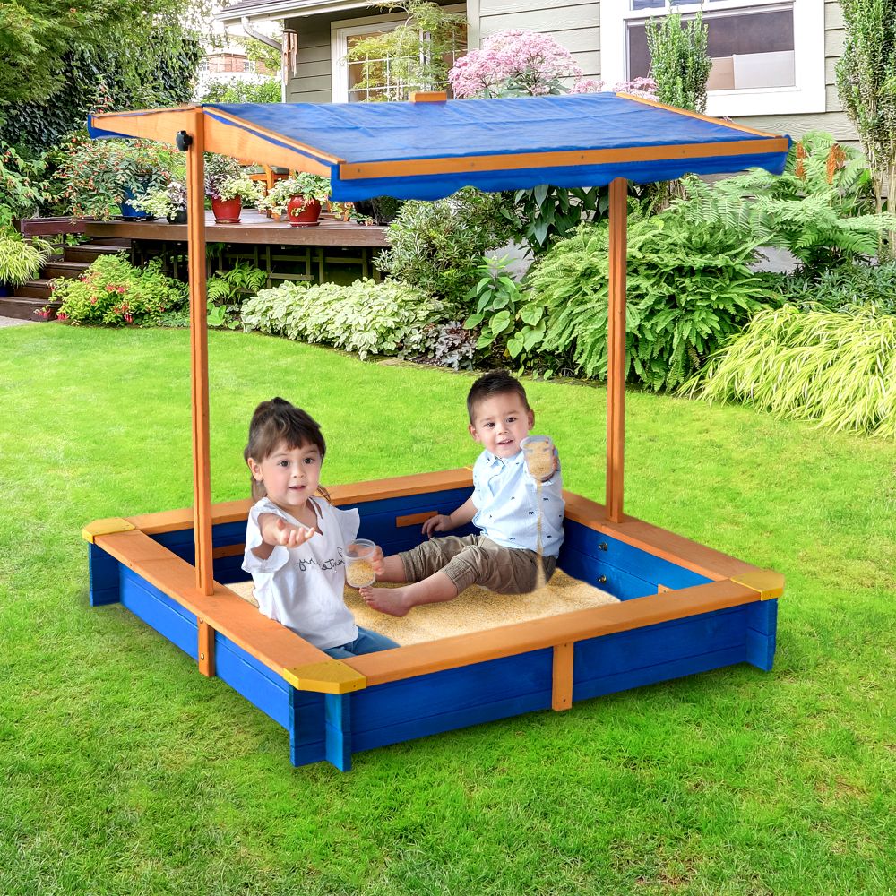 Large Wooden Sand Pit with Lid for Garden, Adjustable Sand Box
