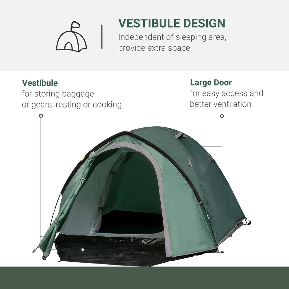 Compact Camping Tent with Vestibule & Mesh Vents for Hiking, Green, Outsunny