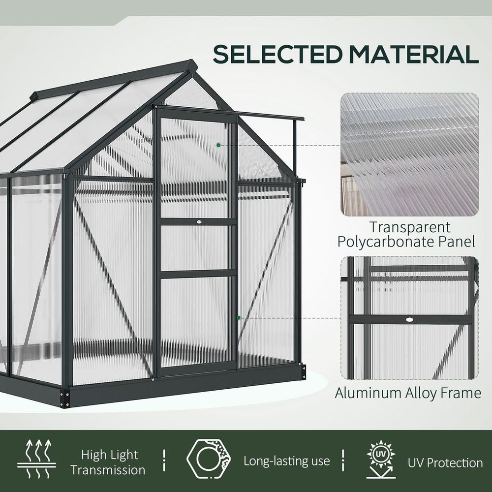 Polycarbonate Walk-In Garden Greenhouse Aluminium Frame with Slide Door 6 x 6ft
