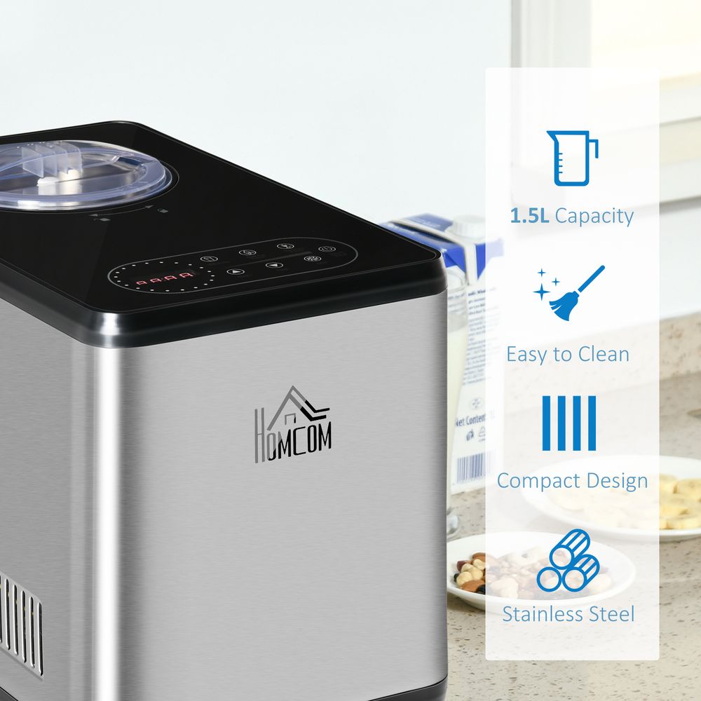 Ice Cream Maker Machine, 1.5L Stainless Steel, 3 Programs and LED Display