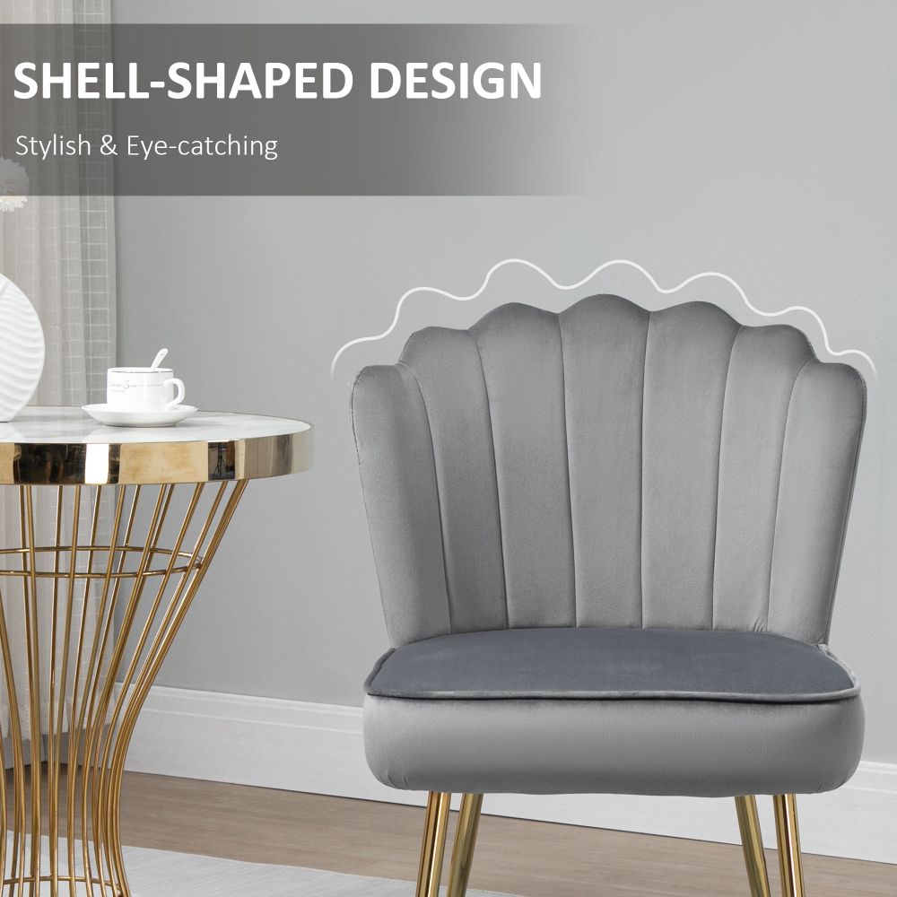 Velvet-Feel Shell Luxe Accent Chair Home Bedroom Lounge Metal Legs Grey
