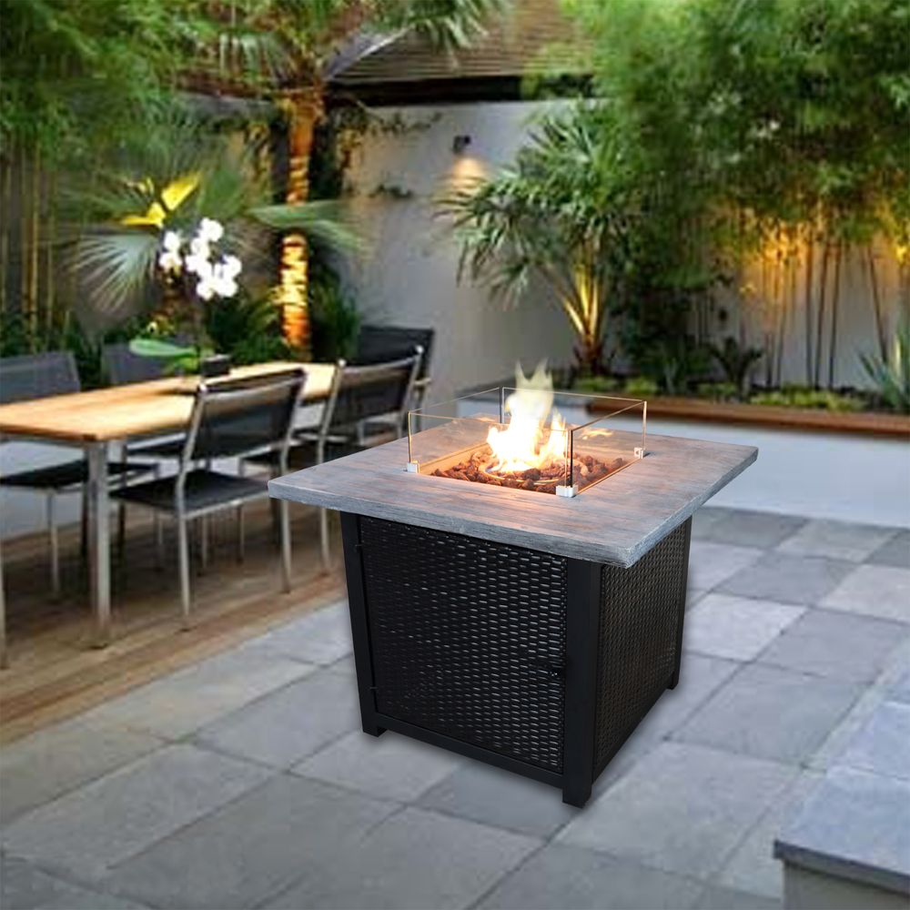 Outdoor Garden Gas Fire Pit Table, Heater, Glass, Lava Rocks & Cover